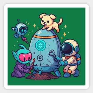 Cute Alien, Astronaut & Puppy Fixing a Rocket Magnet
